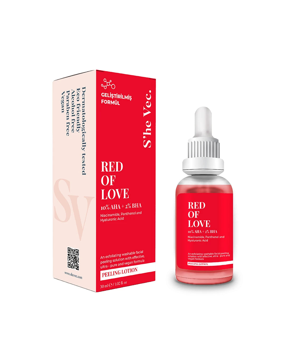 She Vec, RED OF LOVE - AHA %10 & BHA %2 Canlandırıcı Cilt Tonu Eşitleyici Kırmızı Peeling Serum (30 ml)