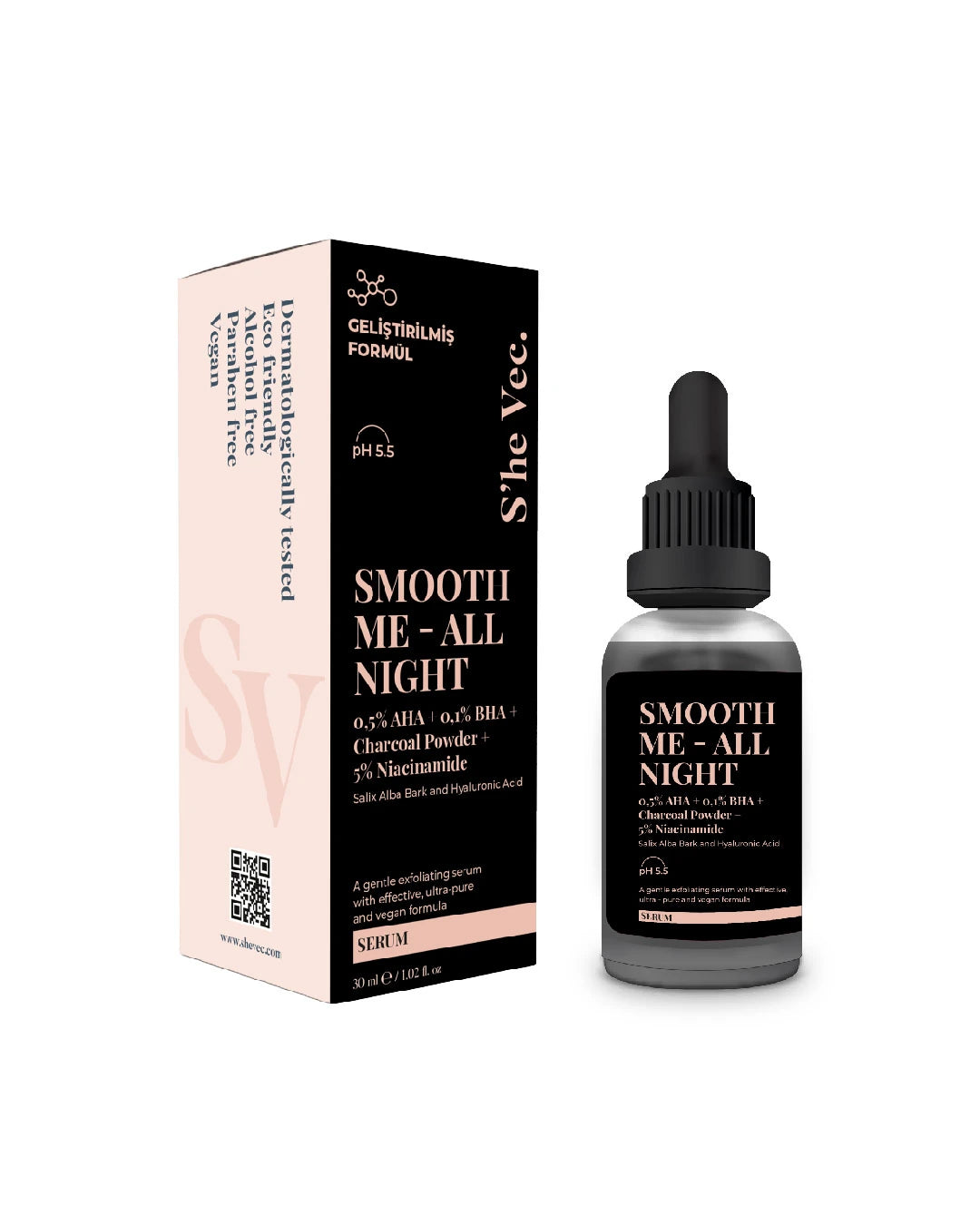 She Vec, Smooth Me - All Night Aktif Kömür ve AHA BHA İçeren Cilt Kusurları Karşıtı Niacinamide %5 Serum 30ml