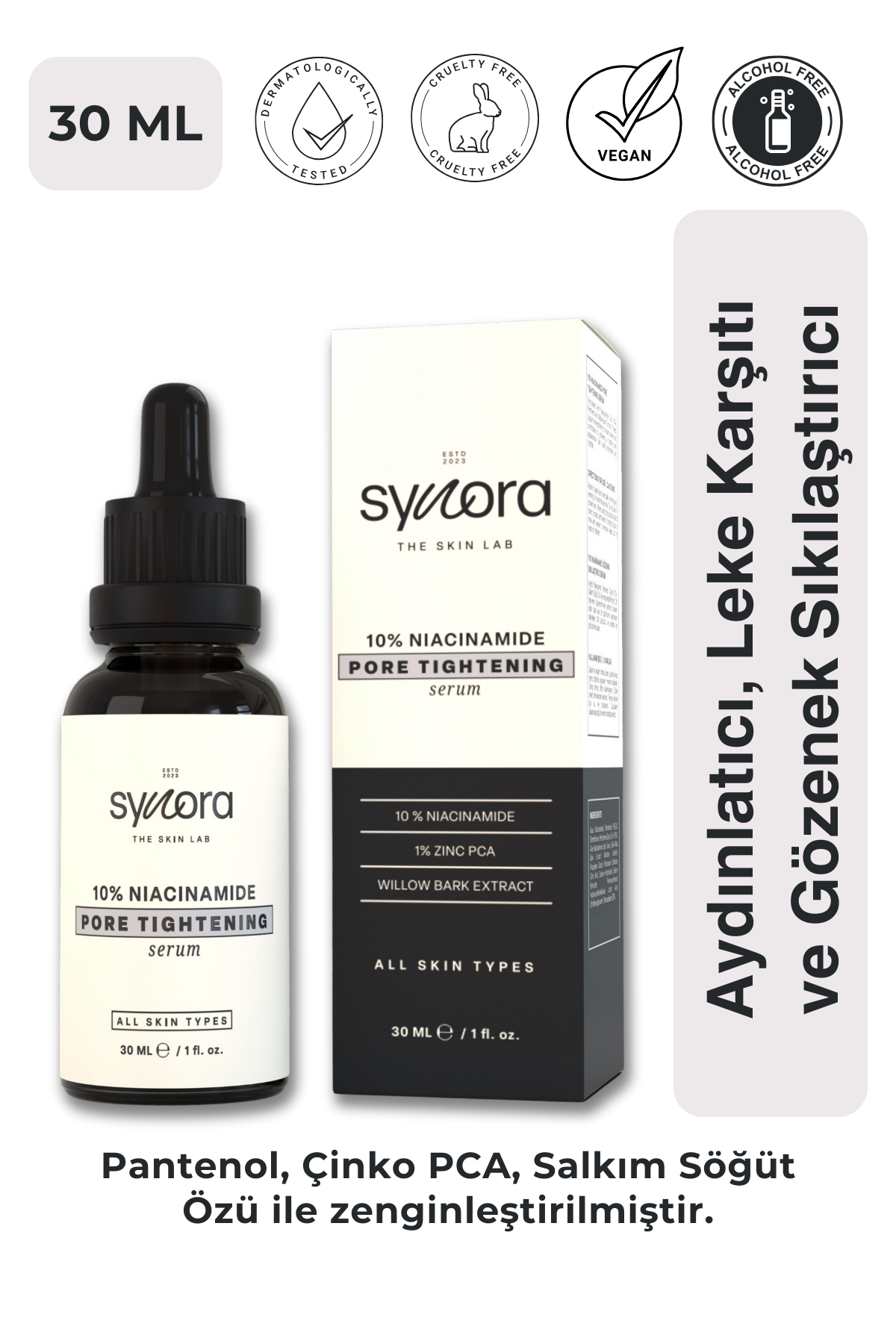 Synora, Aydınlatıcı, Leke Karşıtı ve Gözenek Sıkılaştırıcı Niasinamid Serum