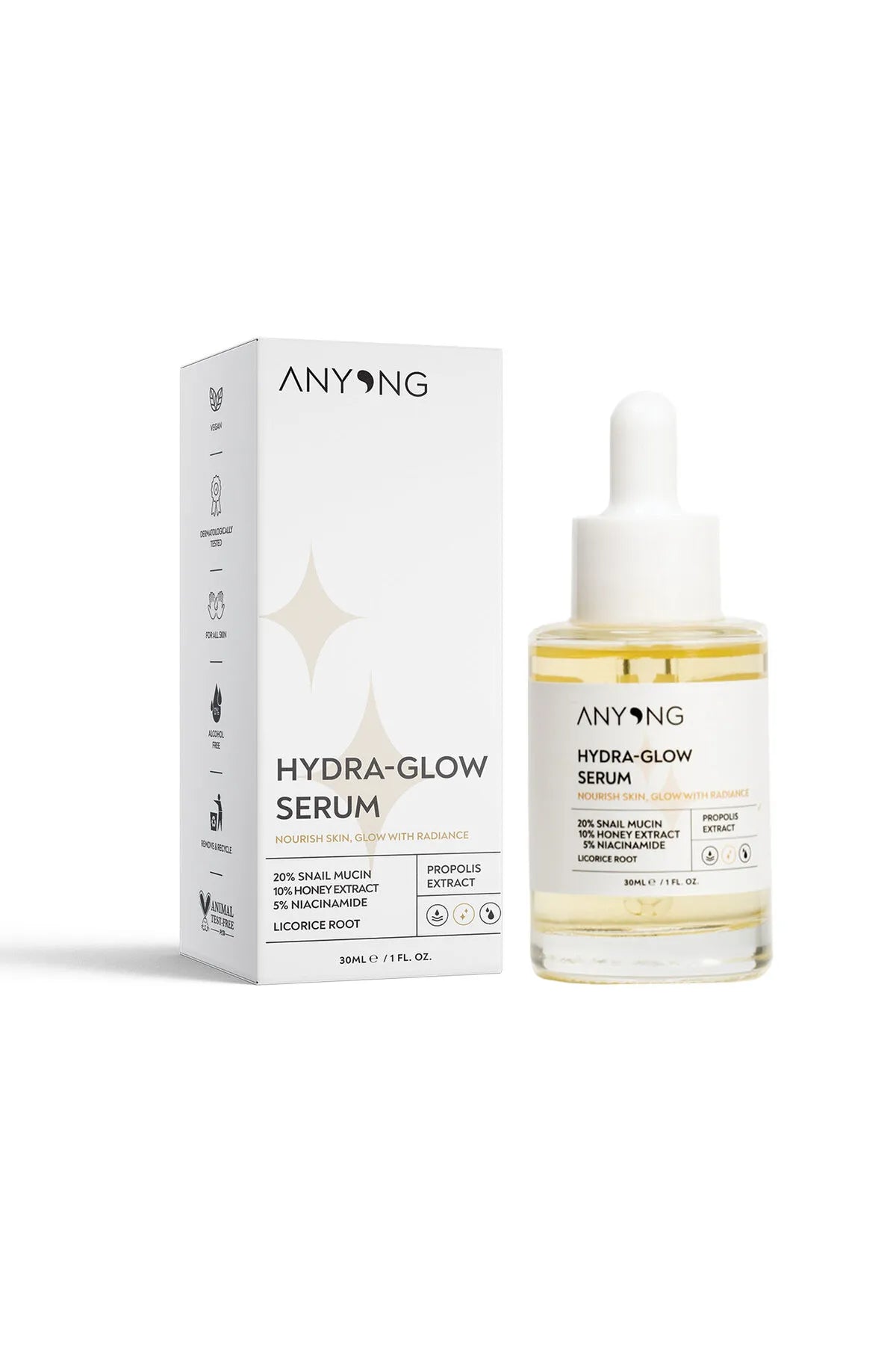 Anyong, Nemlendirici, Aydınlatıcı, Yatıştırıcı, Canlandırıcı Serum 30 ml (Salyangoz Özü & Bal & Niasinamide)