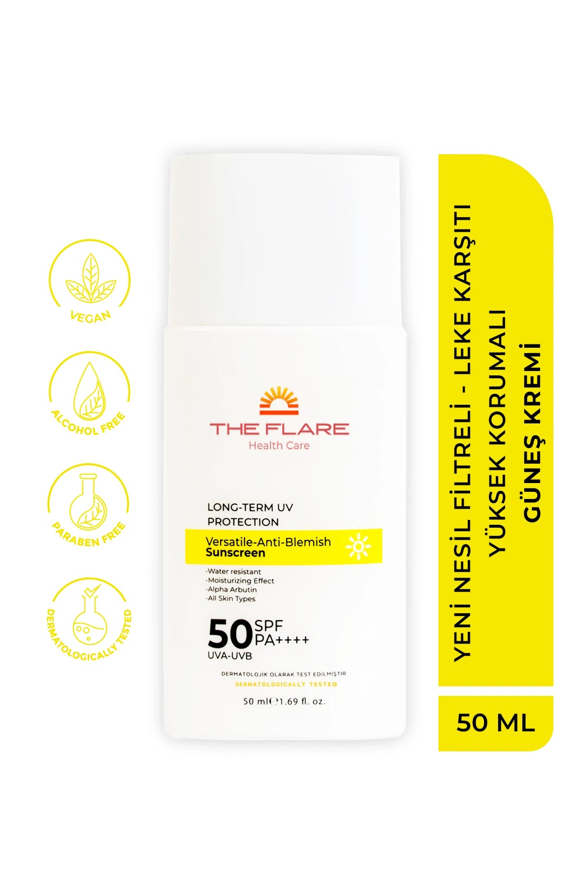 The Flare Health Care, Yeni Nesil Filtreli - Leke Karşıtı Yüksek Korumalı 50 Spf+ Yüz Güneş Kremi Tüm Ciltler İçin 50 ml