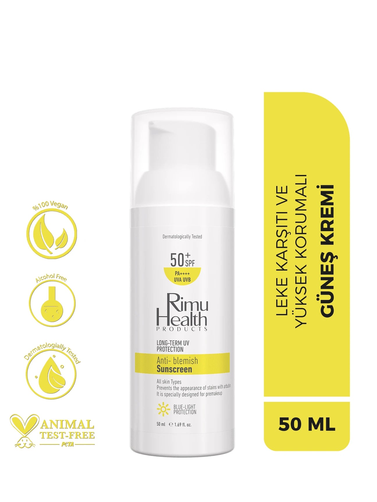 Rimu Health Products, Lekeli Ciltler İçin Cilt Tonu Eşitleyici Aydınlatıcı 50 SPF Güneş Kremi