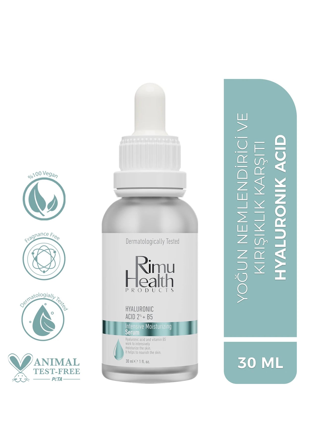 Rimu Health Products, Tüm Cilt Tipleri Için Parfümsüz Yoğun Nemlendirici Serum Hyaluronic Acid 2% B5