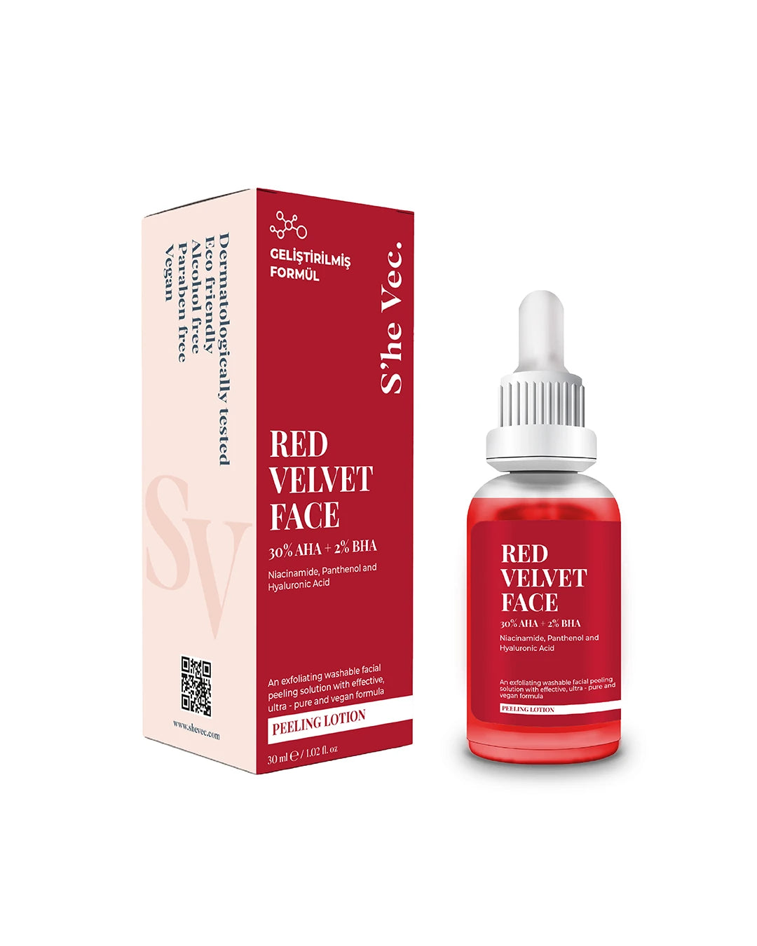 She Vec, RED VELVET FACE - AHA %30 & BHA %2 Arındırıcı Cilt Tonu Eşitleyici Kırmızı Peeling Serum (30 ml)