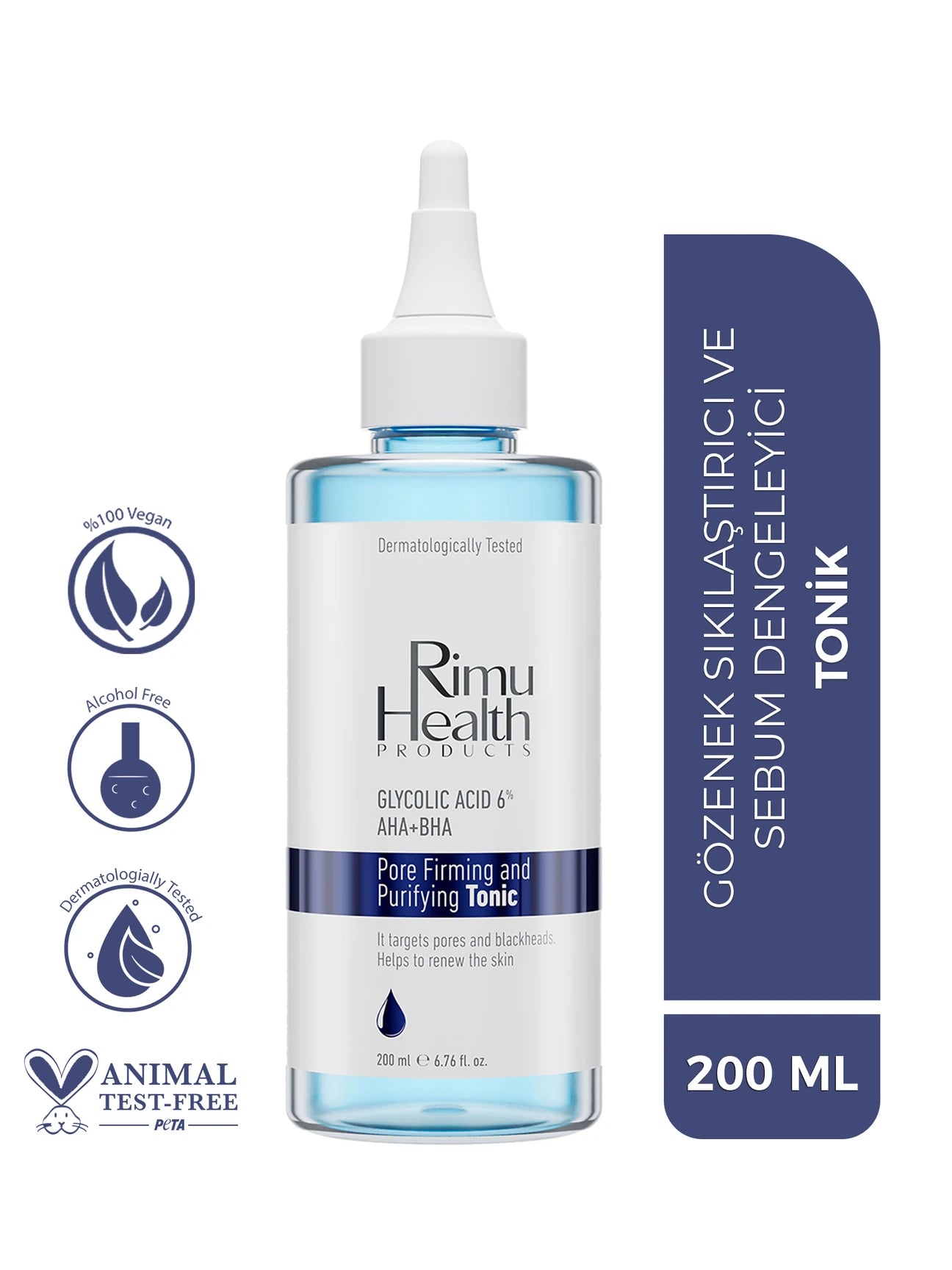 Rimu Health Products, Gözenek Sıkılaştırıcı, Arındırıcı ve Canlandırıcı Etkili Yüz Bakım Toniği (Glycolic Acid - AHA)